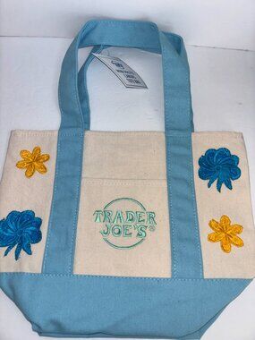 NEW Unique Design Sewn on Embroidered Colorful Flower Trader Joes Mini Tote Blue